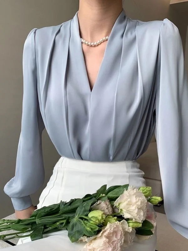 White V-Neck Acetate Satin Women's Shirt Simple Design Professional Top Spring Autumn New Style Regular Sleeve Long Length
