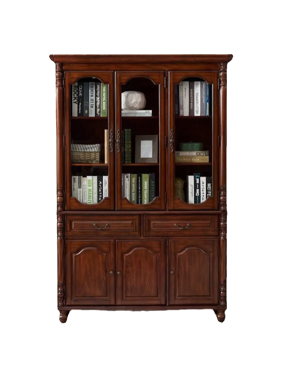 *1 خزانة كتب أمريكية مصنوعة بالكامل من الخشب الصلب مع باب زجاجي، دراسة أوروبية بسيطة لتخزين رف الكتب القديم