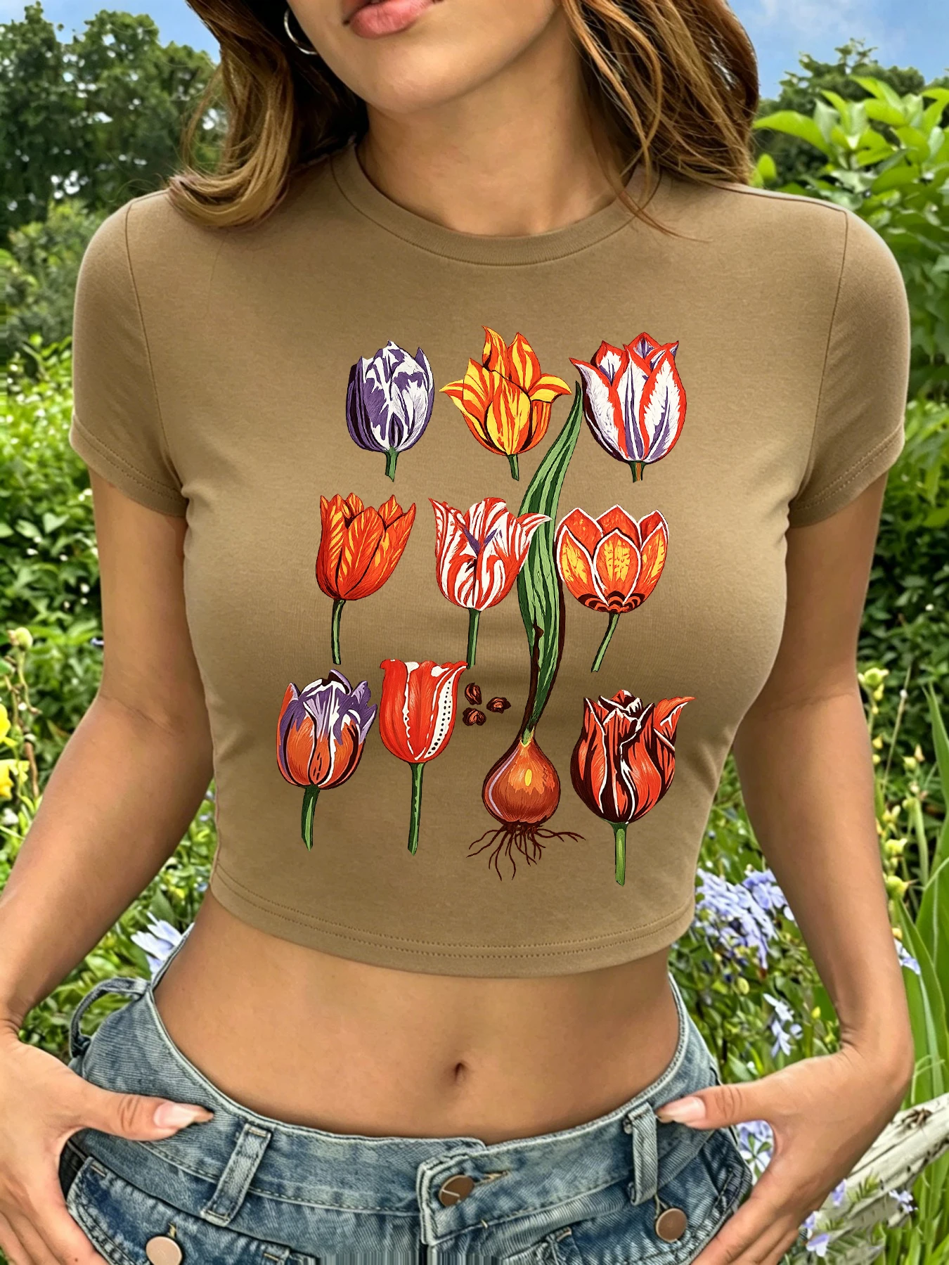 Eternal Augustus Tulip Print Women T Shirt Summer Comfortable Crop T-Shirt Cotton O-Neck Top Slim Elasticity Y2K Short Sleeve