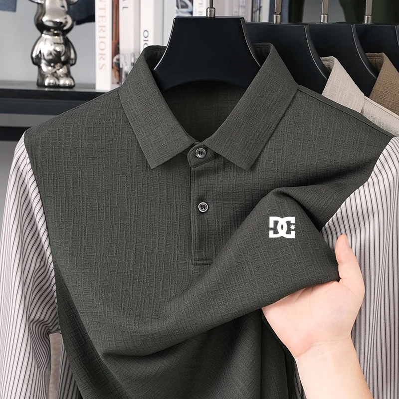 Herbst Neues Herren-Polohemd mit Kontrastfarben-Print, Falsches Zweiteiler-Design, Weiches Langarm-T-Shirt für den Alltag, Lässige Herrenbekleidung – Detail 2