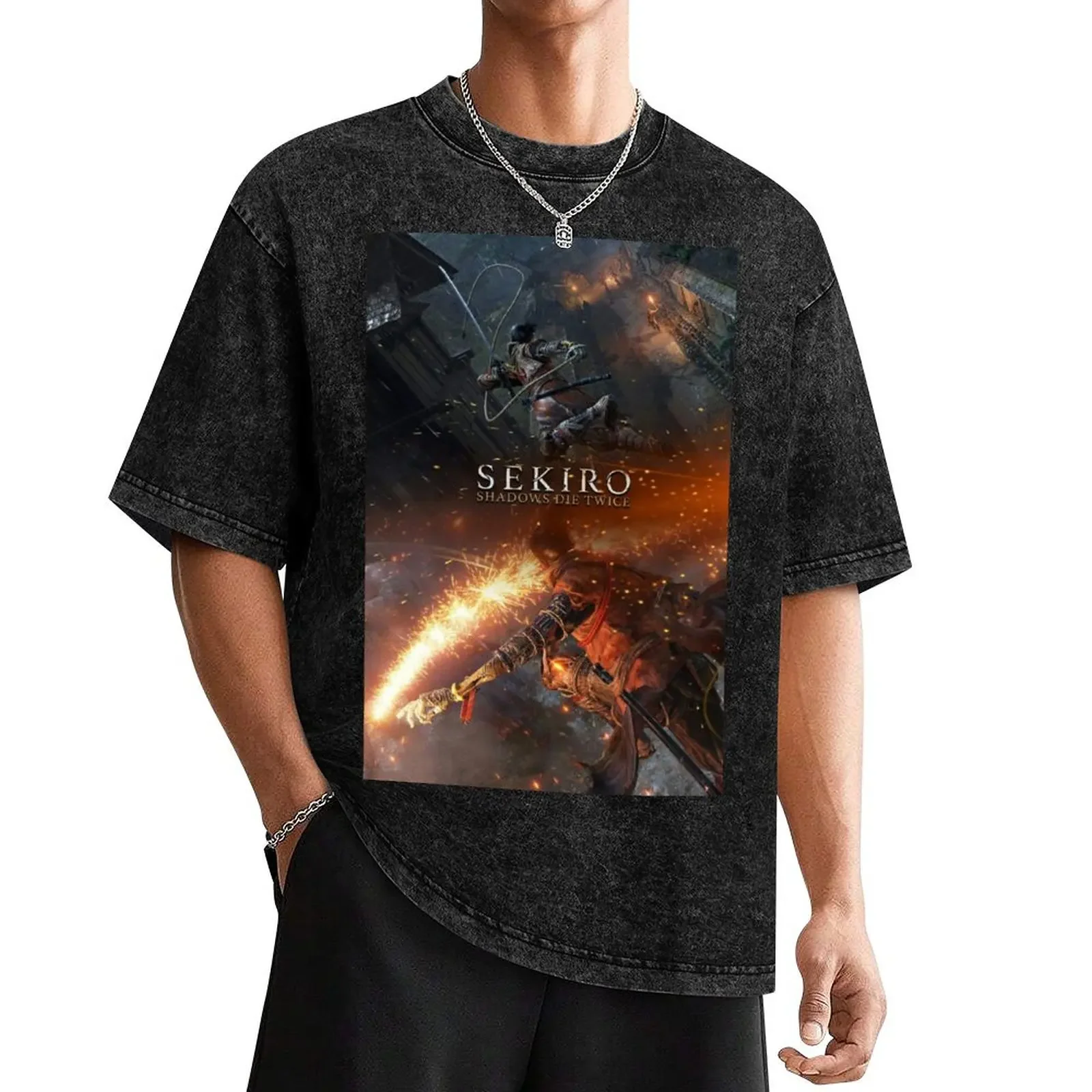 sekiro shadows die twice artwork T-ShirtVintage wash cotton comfortable short-sleeved men's and women's shirts