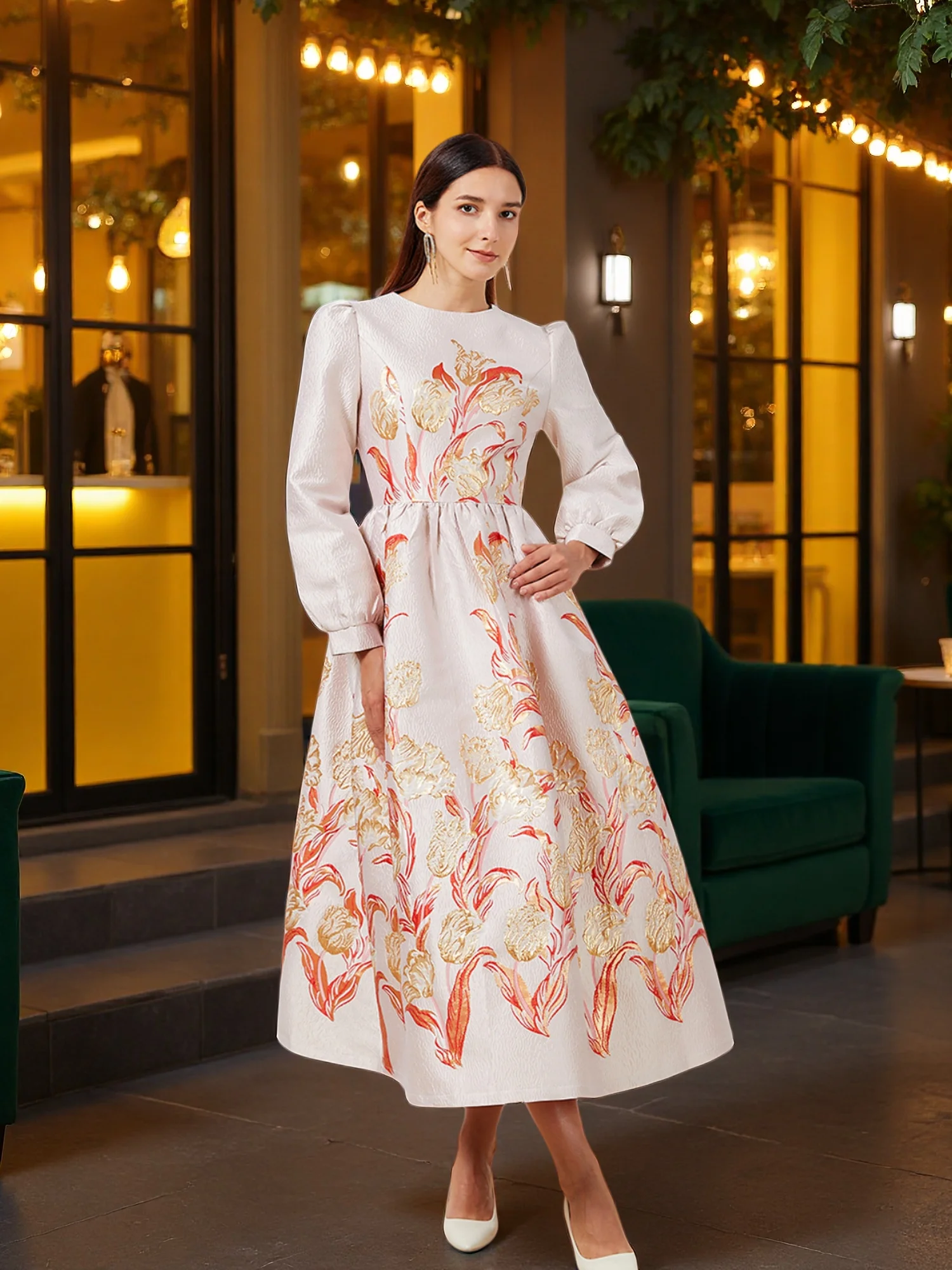 Robe Jacquard en Jacquard pour l'industrie lourde, nouveau Style, col rond, ligne a, Orange, or, florale, élégante, pour Banquet, automne-hiver