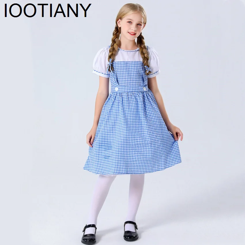 Child Traditional Blue Plaid Oktoberfest Dirndl Dress Costume for Kid Girls Halloween Party Cosplay Dorothy Wizard of Oz Costume