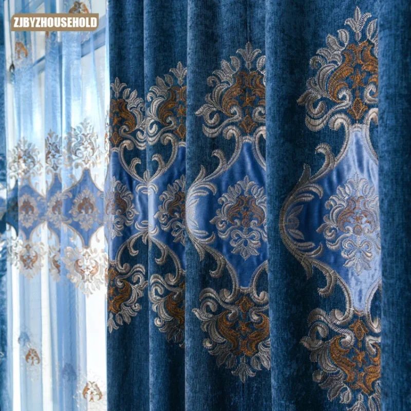 

Blue Chenille Embroidery Veil Curtains for Living Dining Room Bedroom European Window Screen Finished Product Customization