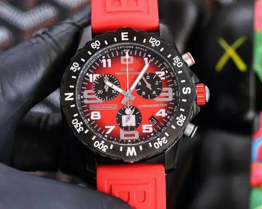 Luxury Mens Watch Endurance Pro Chronograph Red White Black Rubber Quartz Sapphire Chronometer