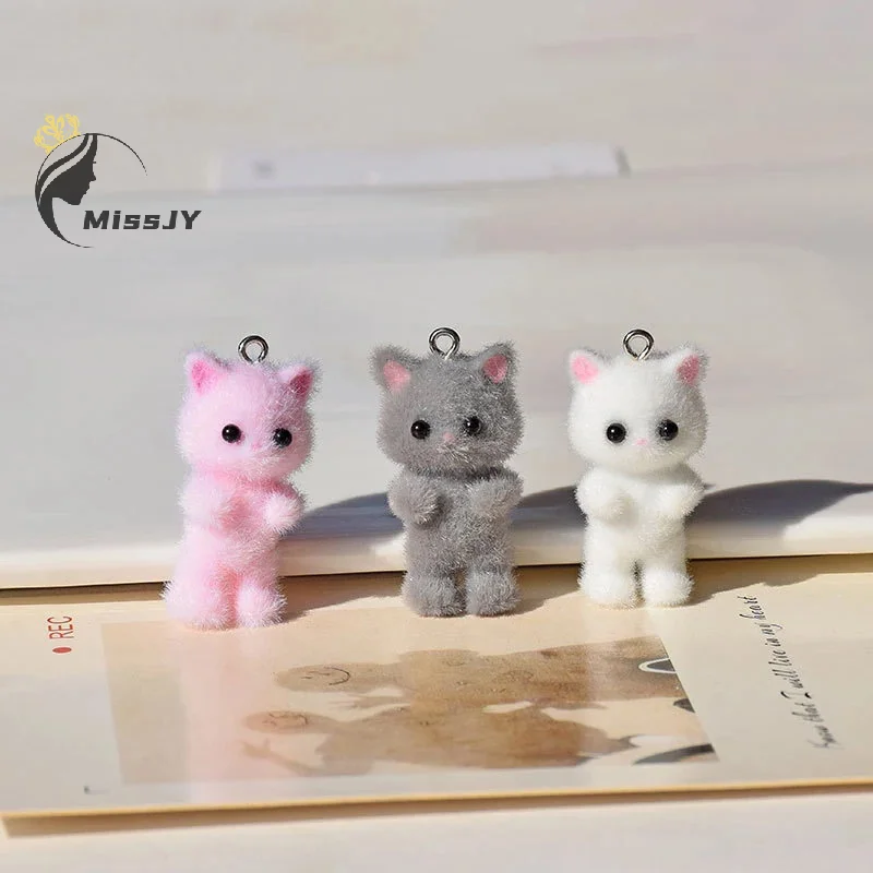 Flocking Animals Cartoon Cats Shape Resin Dolls Beads Pendant Diy Jewelry Earring Garment Keychain Pendant Accessories