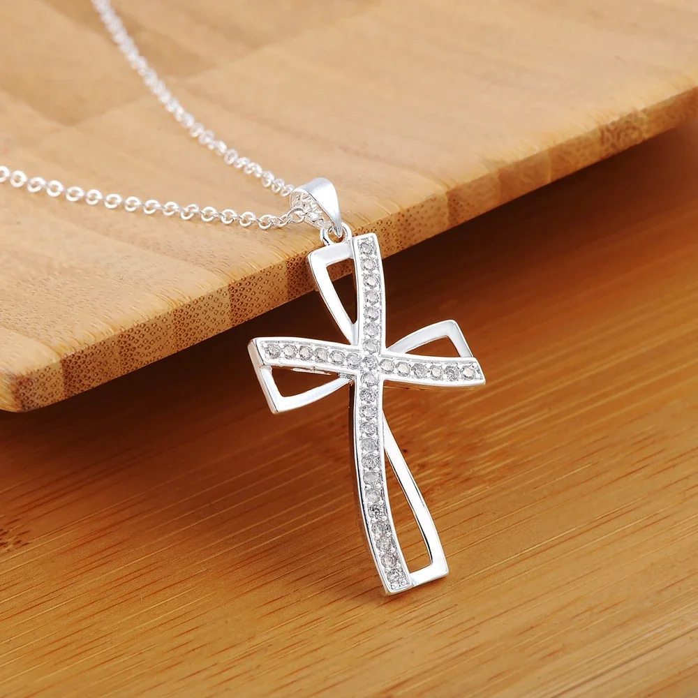 

925 sterling Silver 18 inch AAA Zircon Elegant cross pendant Necklace For Women Fashion party wedding Jewelry Christmas Gifts