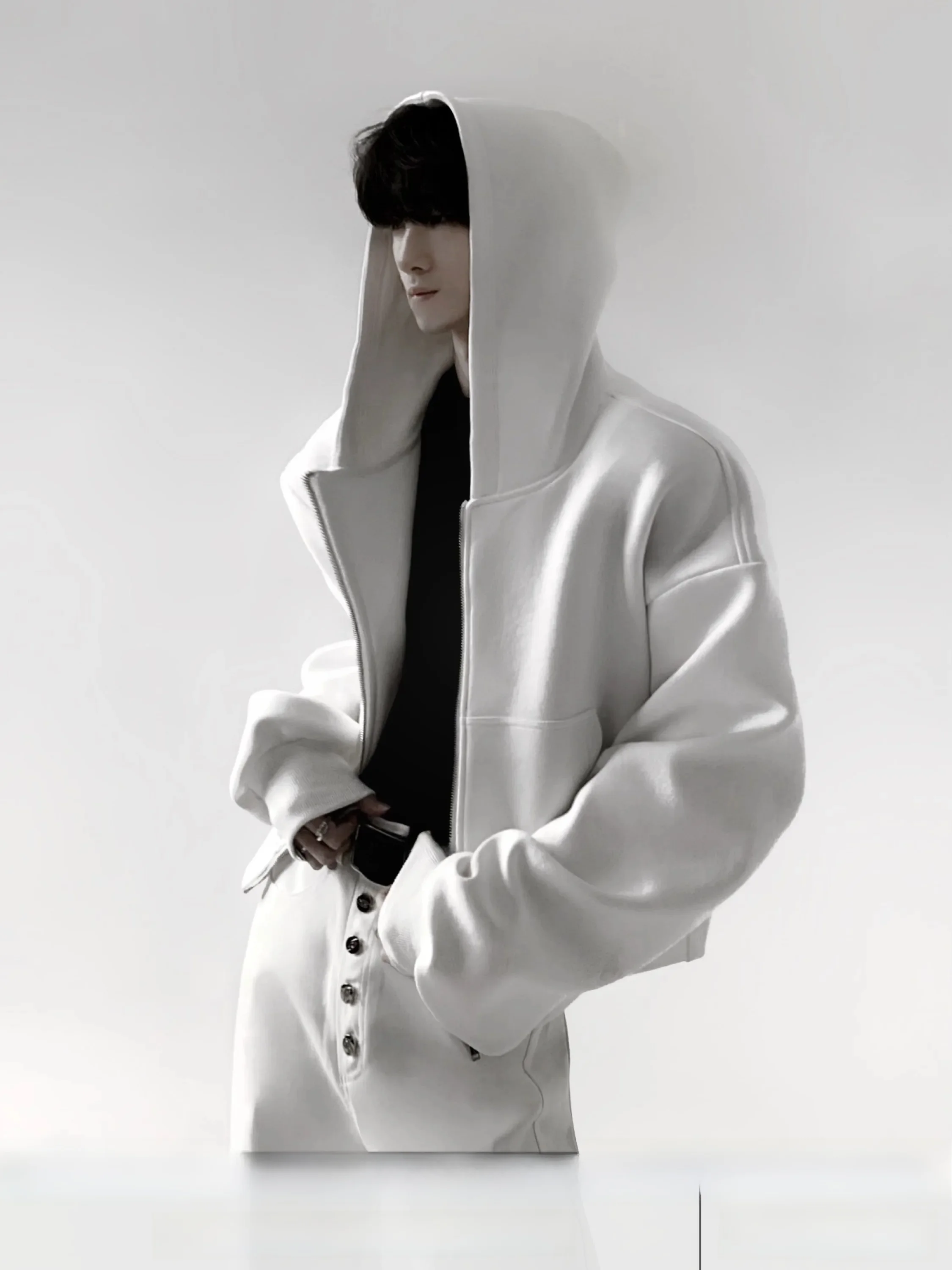 Cleanfit Heavyweight Space Cotton Hoodie Jacket Men's Short Loose Fit Zipper Open Cardigan Breathable Youth Casual Wear