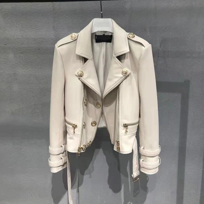 100% echt leer Moto- en bikerjacks 2025 Mode Rits Dames Revers Volledige mouw Casual Slim-fit A-niveau Schapenvacht Jasje