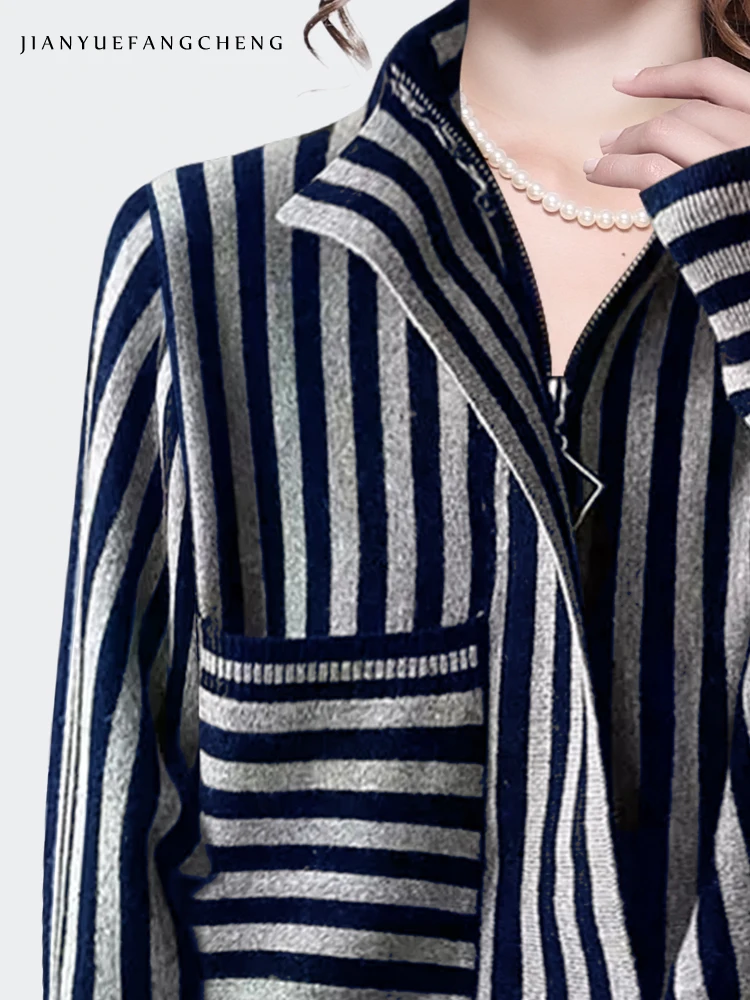 Fashion horizontal-perpendicular Black-white Striped Women Knitted Shirt Long Sleeve Stretching Pull-On Tops Outwear Sweaters