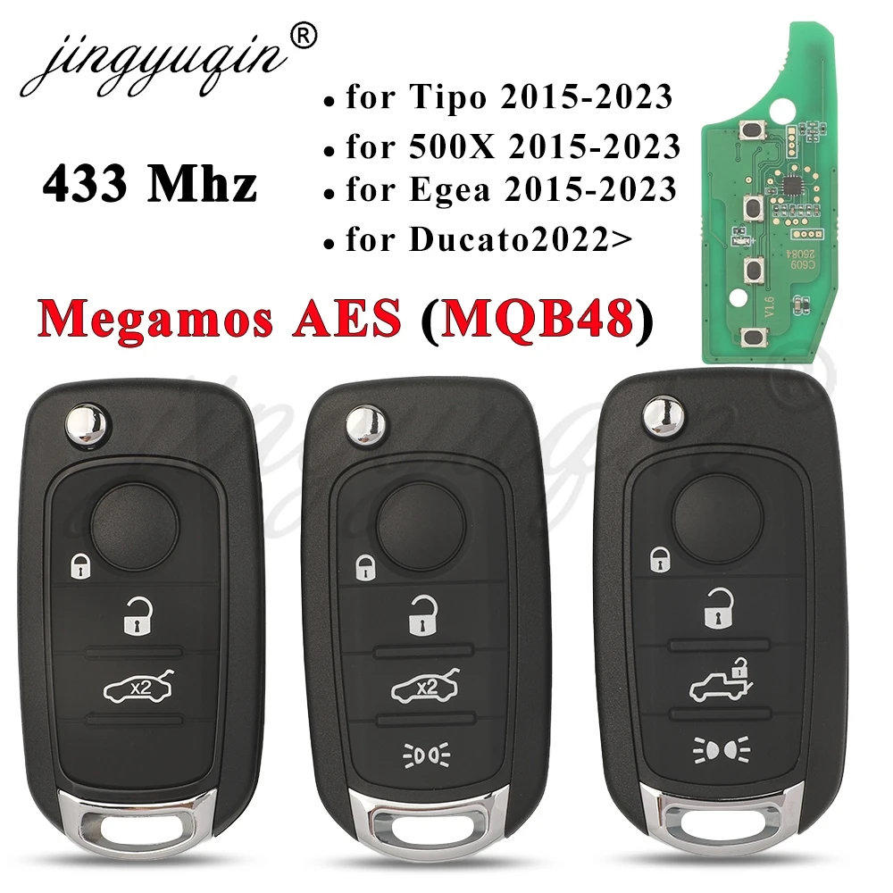 jingyuqin Flip Remote Car Key 433MHz Megamos AES MQB48 Chip For Fiat Egea 500X Tipo Ducato 2015+ P/N: 6000633159 71779527 SIP22