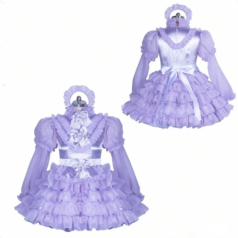 

Sexy Sissy French maid purple satin lockable long sleeved multi-layer lace ruffle cosplay costume customizable