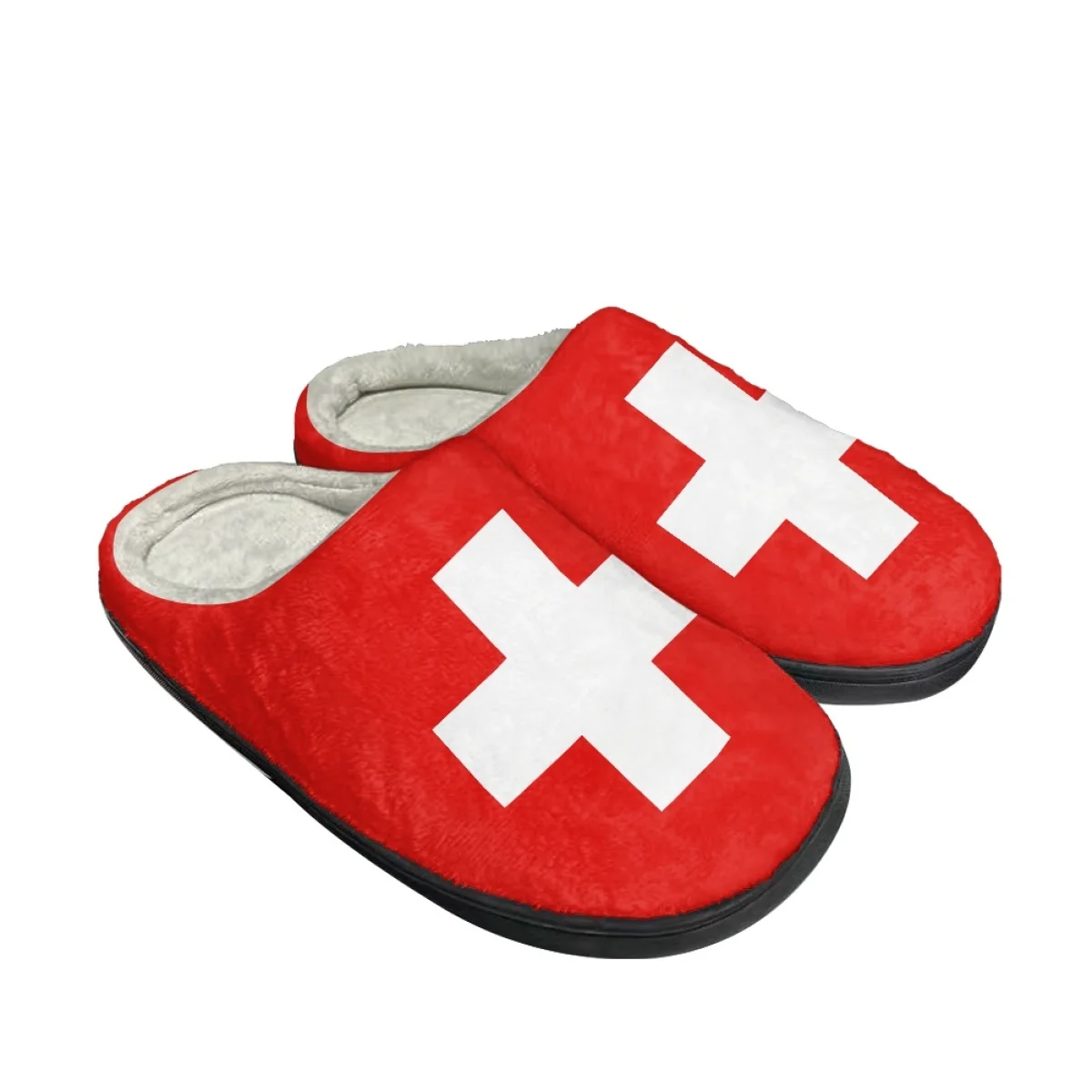 Fashion Swiss Flag Design Indoor Slippers Autumn Winter Warm Couple Comfy Footwear Non-Slip Cozy Cotton Slippers Print On Demand