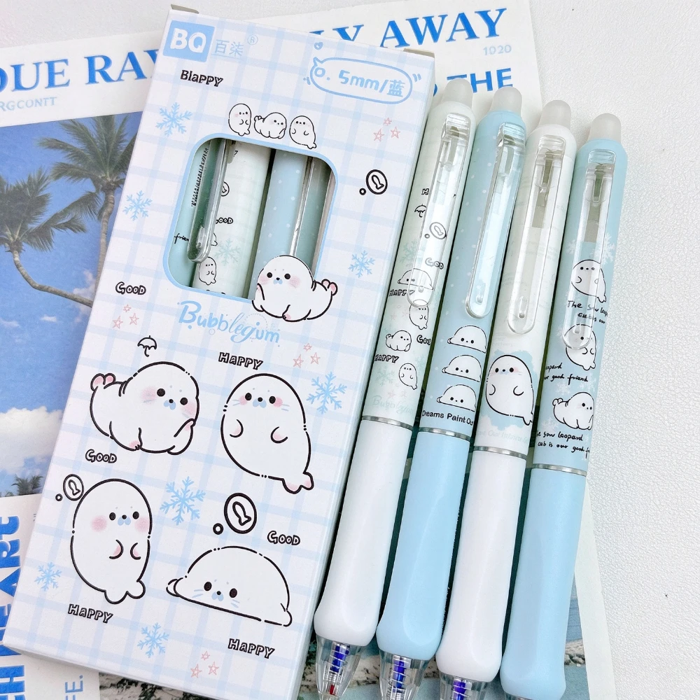 4Pcs/Set Kawaii Seal Erasable Gel Pen 0.5mm ST Tip Black Blue Ink Smooth Writing Pen Cute Stationery School Office Supplies