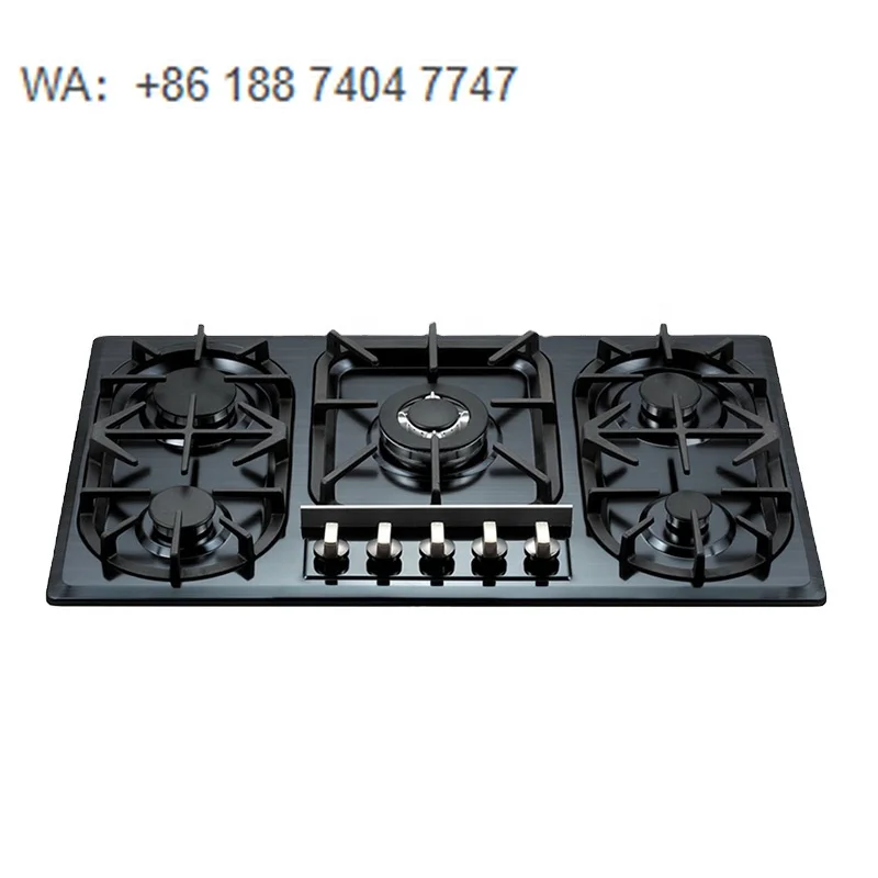 5 Burners Built-in Gas Hob, Modern Black Tempered Glass Cooking Surface with Individual Control Knobs