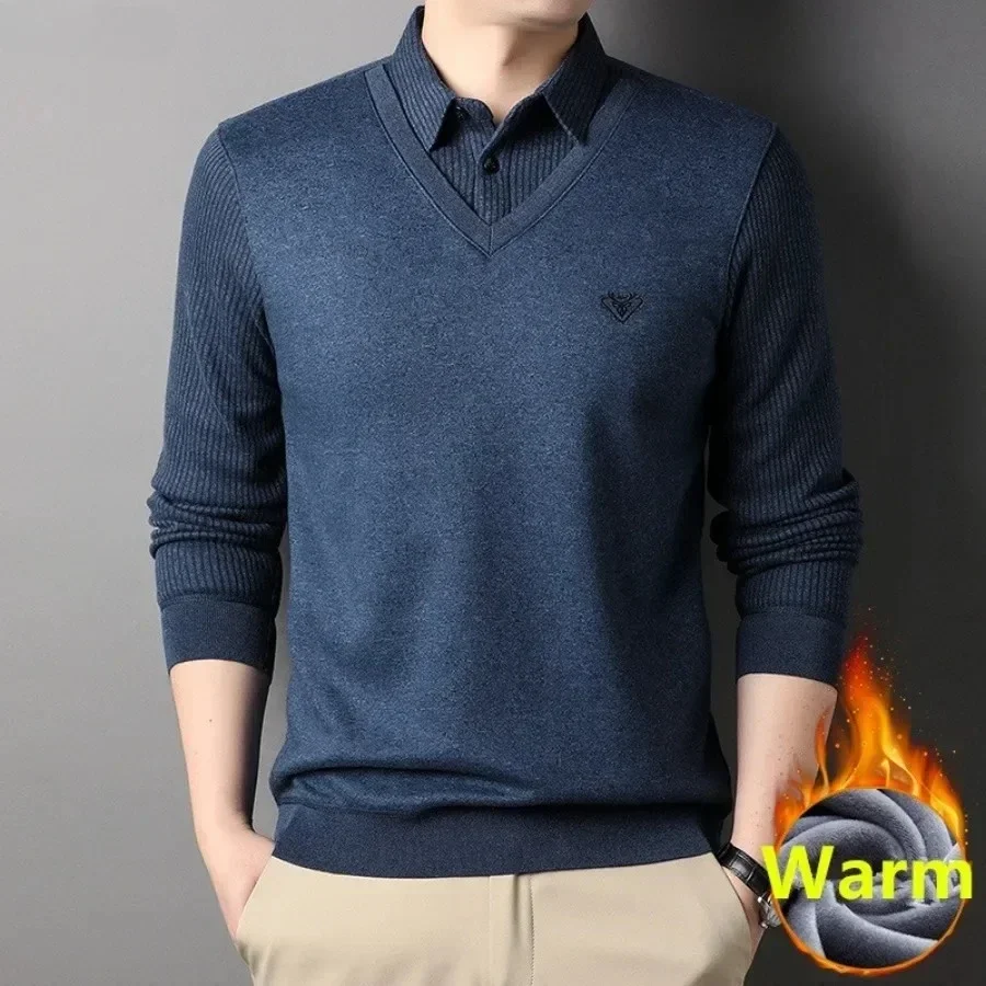 New  Men's Winter Warm Fake Two Piece Shirts Business Club Party Pullover Tops Fleece Thicker Warm Bottoming Shirt Tops Male
