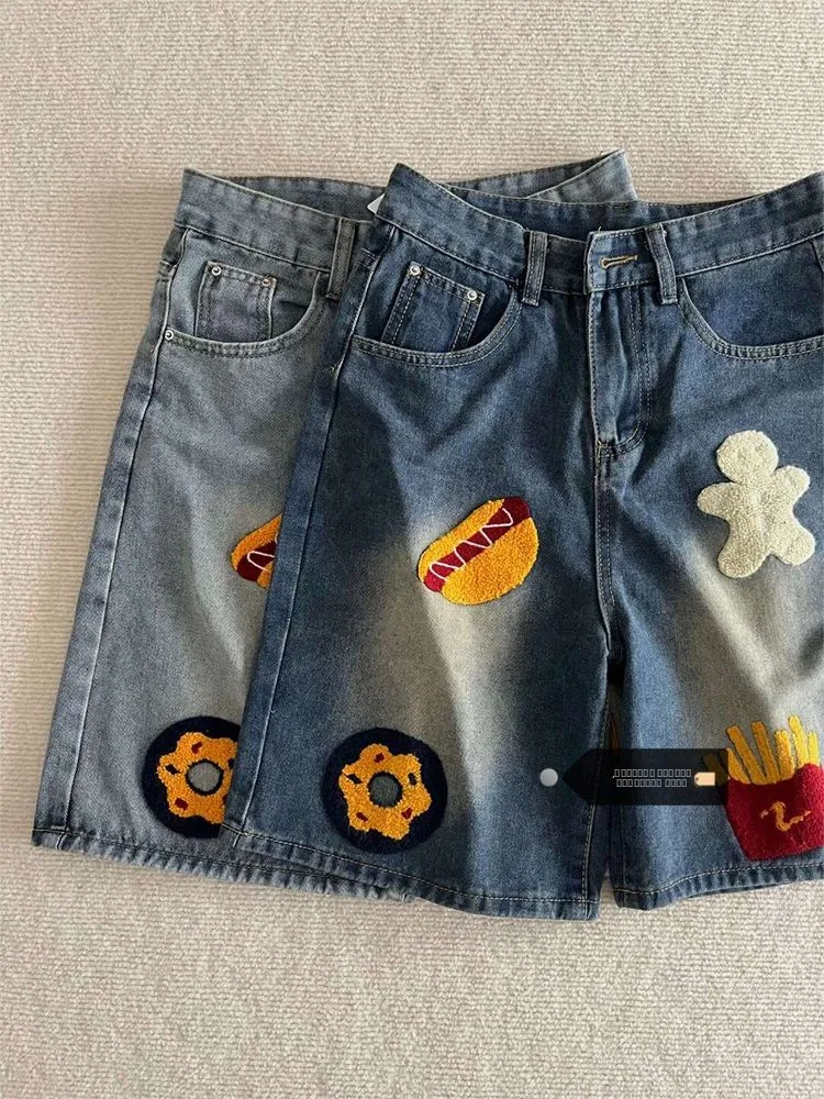 

Американские джинсовые шорты больших размеров для женщин, с высокой талией, прямого кроя, с дизайном в виде пятиконечной звезды и картофеля фри, осень-зима, L...