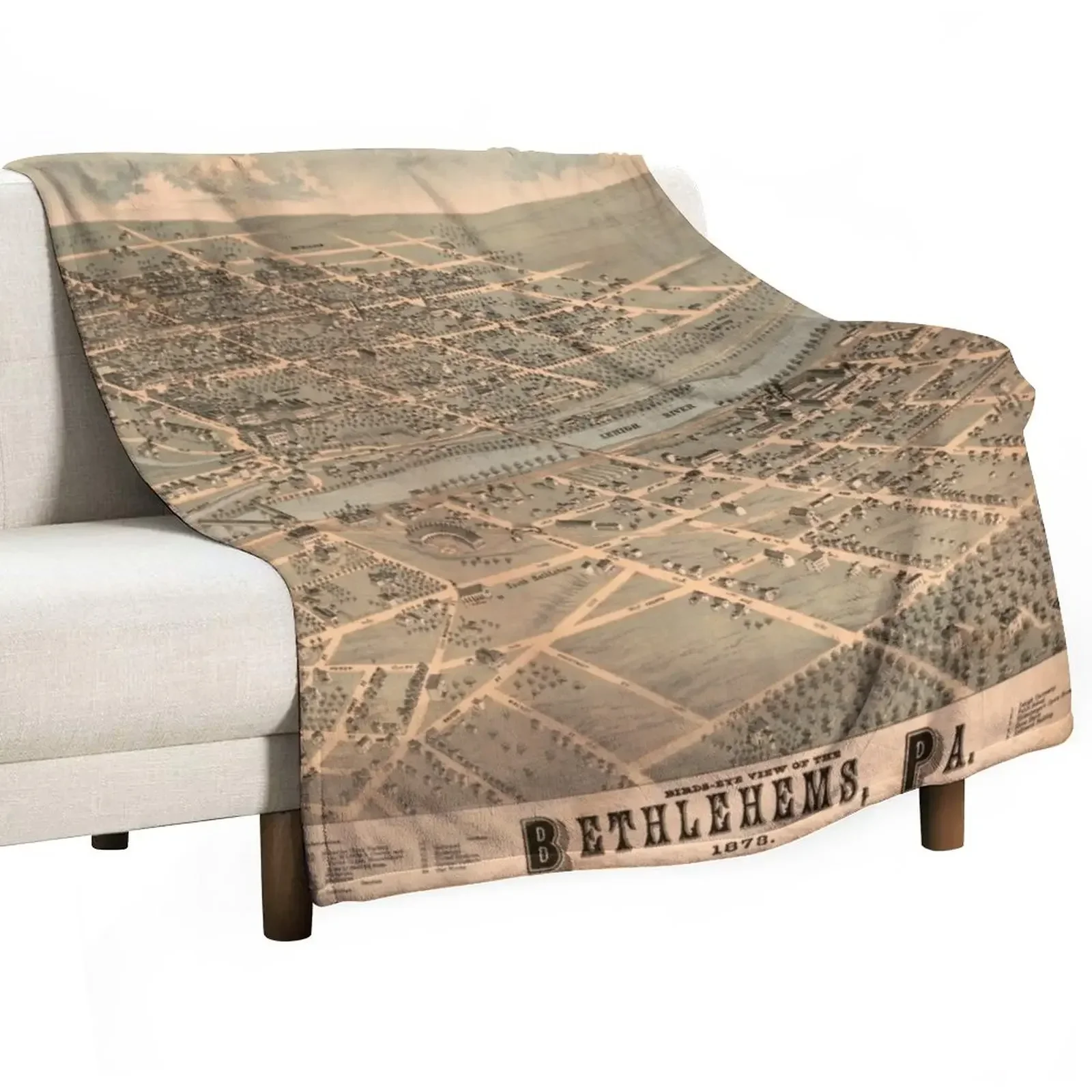 Vintage Pictorial Map of Bethlehem PA (1878) Throw Blanket Bed linens Decorative Sofa Blankets