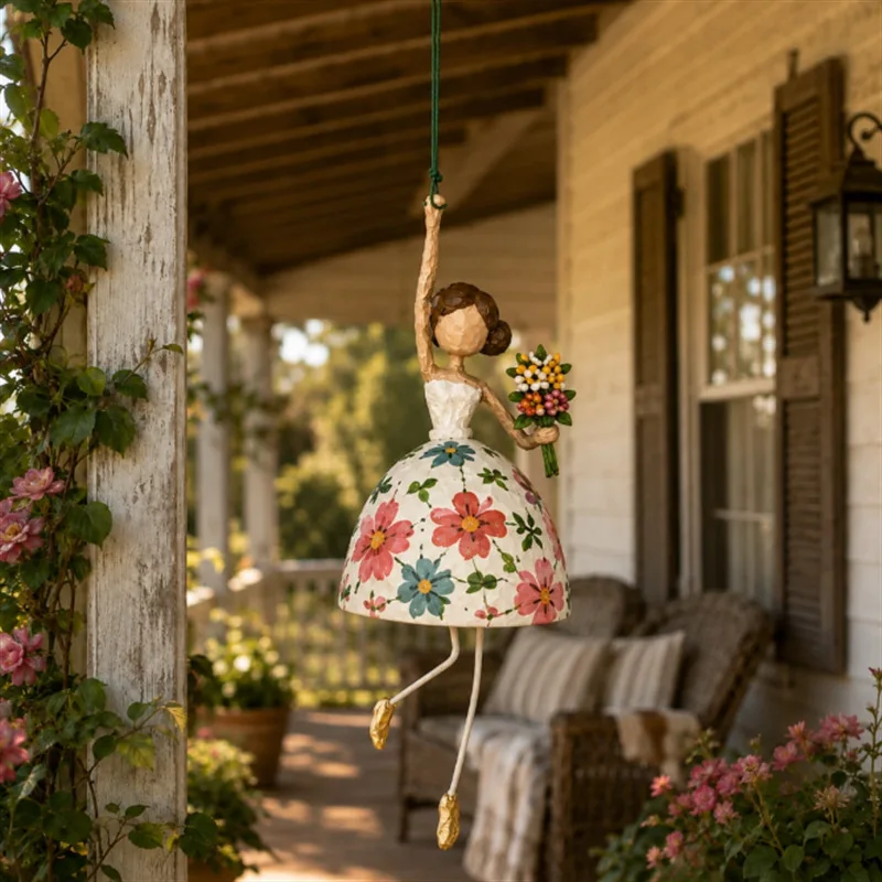 Vintage Whimsical Dancing Lady Hanging Ornament Hand Painted Ballerina Lady Wind Chime Figurine with Dangling Legs Home Decor