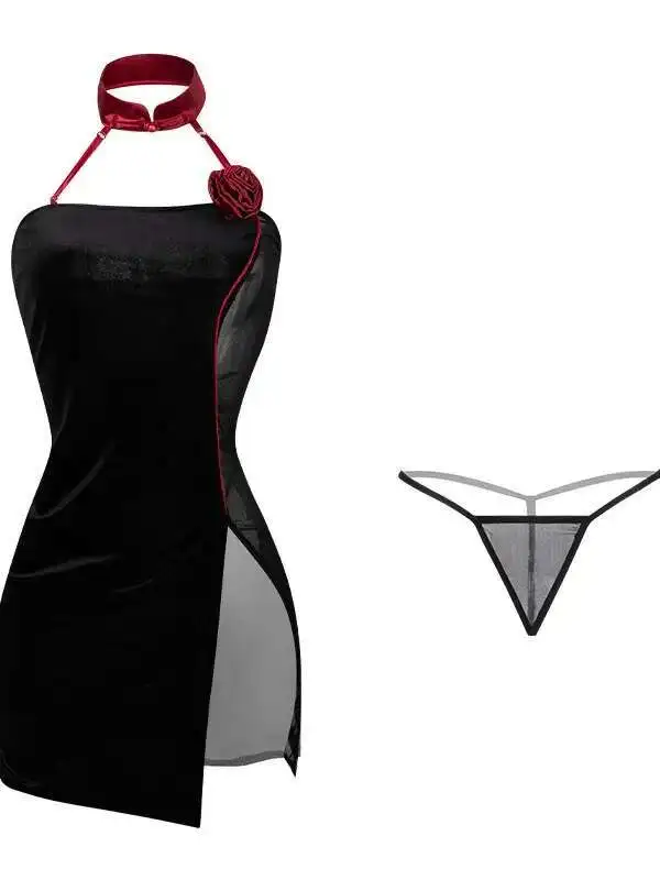 섹시 란제리 여성 섹시한 교수형 넥 버클 스탠드 칼라 쉬어 메쉬 레이스 아름다운 백 로즈 슬릿 Cheongsam 유니폼 7PVH