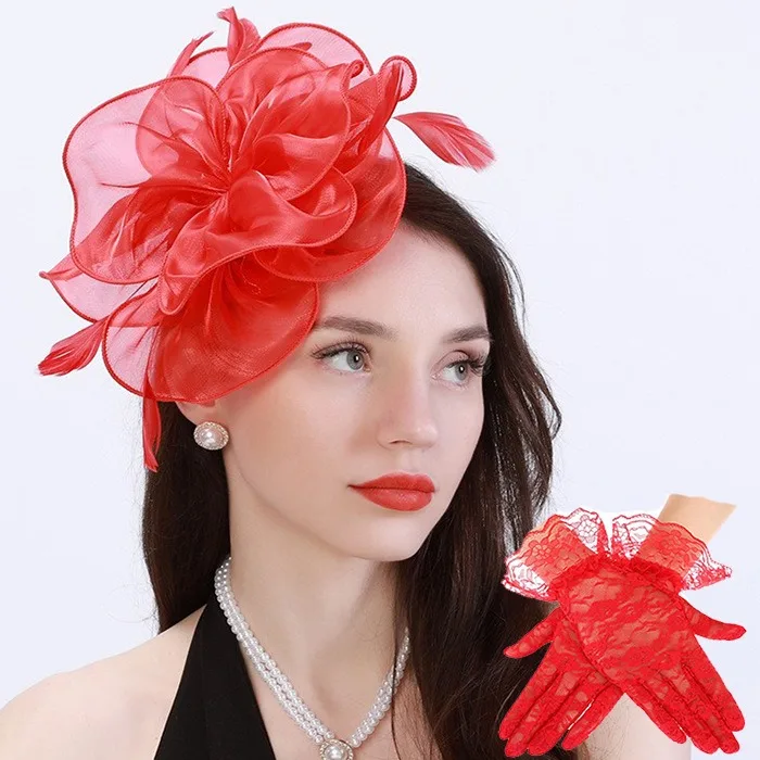 

Wedding bride mesh headdress hat hair accessories European and American Jockey club feather headwear clip headband gloves 2 pcs