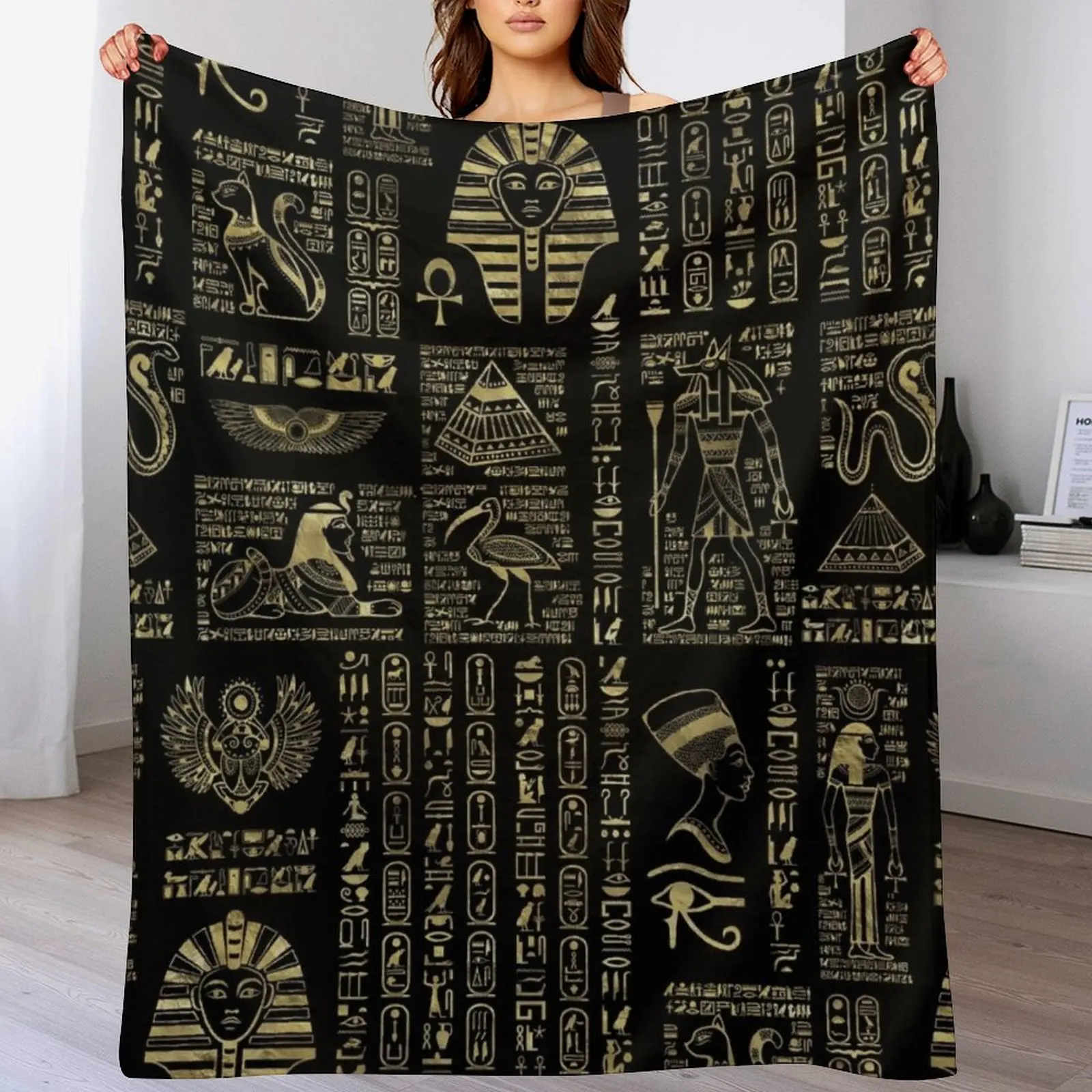 Egyptian hieroglyphs and deities gold on black Throw Blanket Furry Plush Blankets