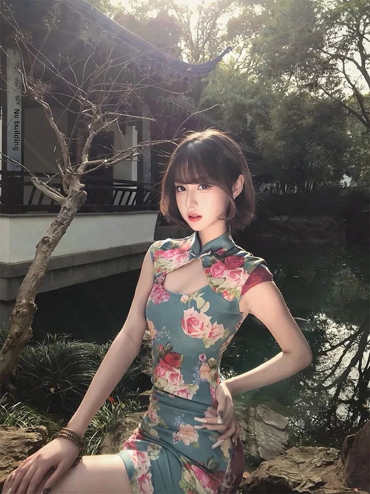 

Revised Dress Women's Summer New Retro Print Chinese Style Sexy Waist Cinching Short Skirt Floral Patterned Sleeveless