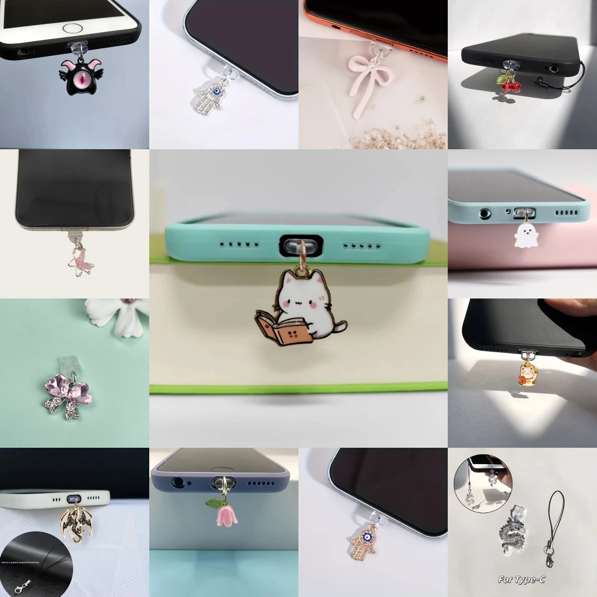 Multi-Style Mixed-And-Matched Phone Dust Plugs, Cute Cat and Ghost Designs, Etc. for Type-C Charging Port Protection, Anti-Dust Decorative Pendants, Phone Decorations, and Small Accessories for Daily Care of Phones, Computers, Headphones, Etc