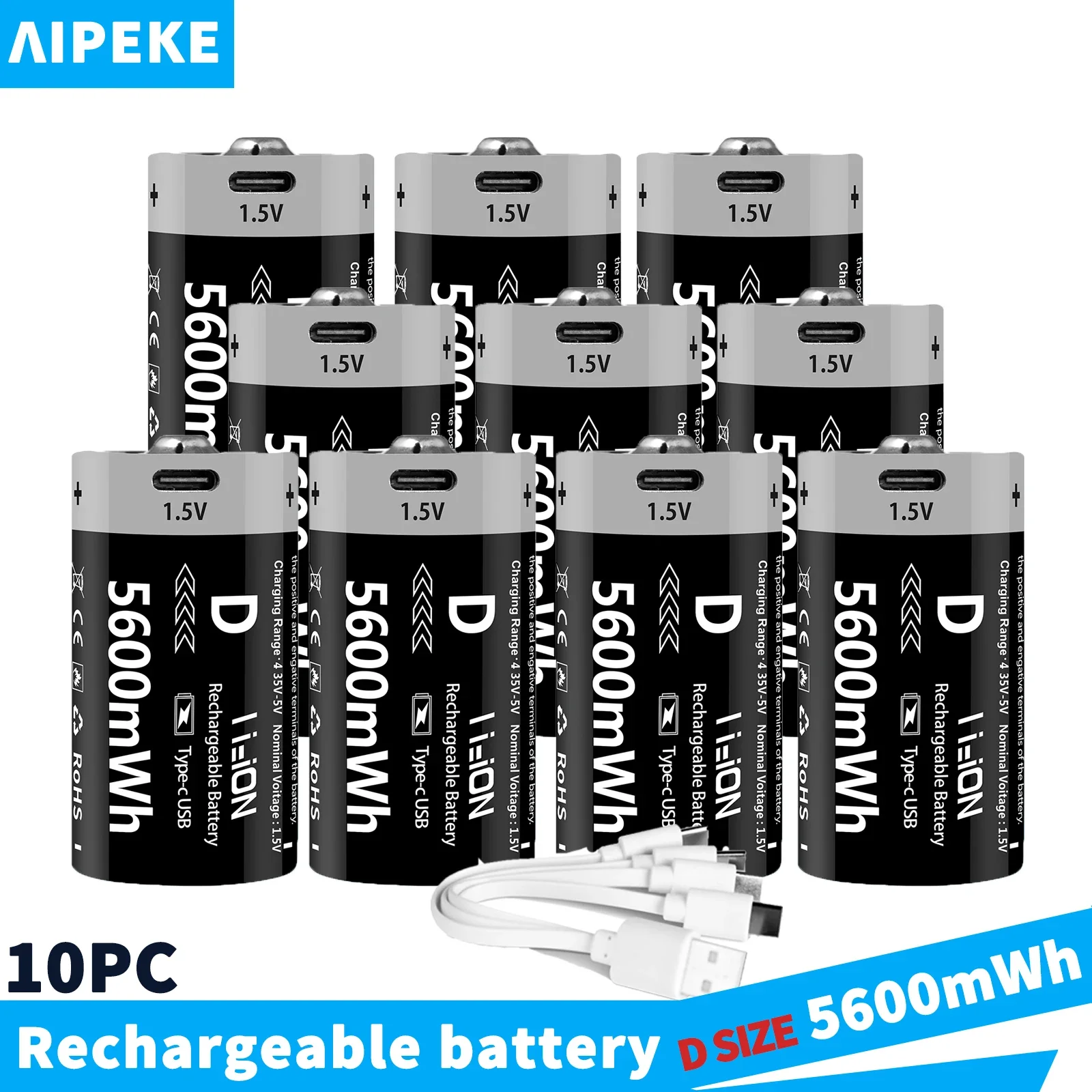 AIPEKE 2-10PC USB 5600mWh D Size Batteries LR20 Lithium Battery Li-ion Rechargeable D Size Batteries 1.5V for Gas Appliances