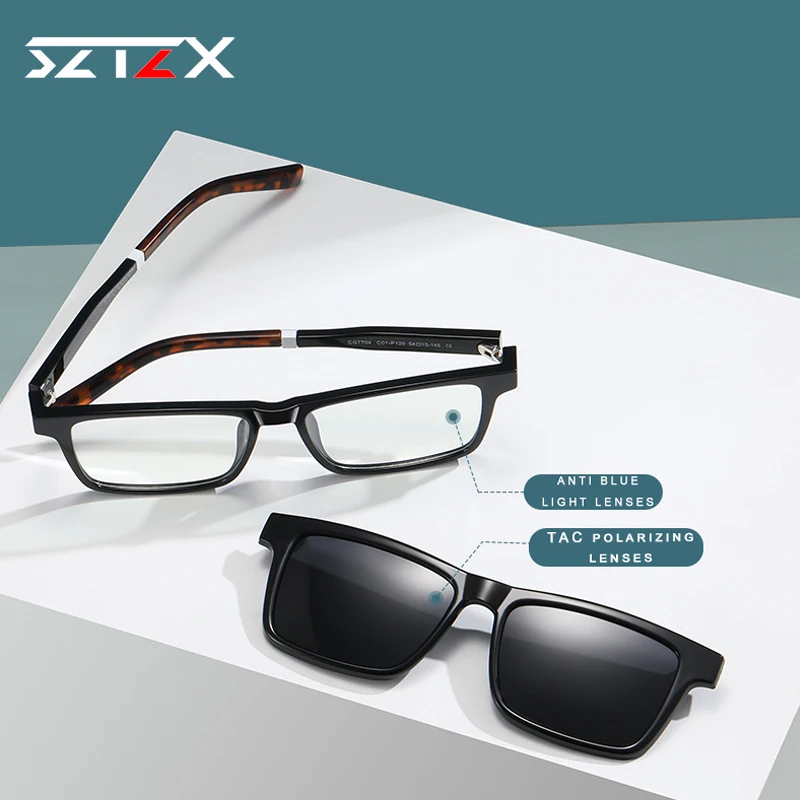 SZTZX Ultralight Magnet Clip On Reading Glasses Men's Anti-Blue Light Hyperopia Myopic Prescription Glasses Polarized Sunglasses