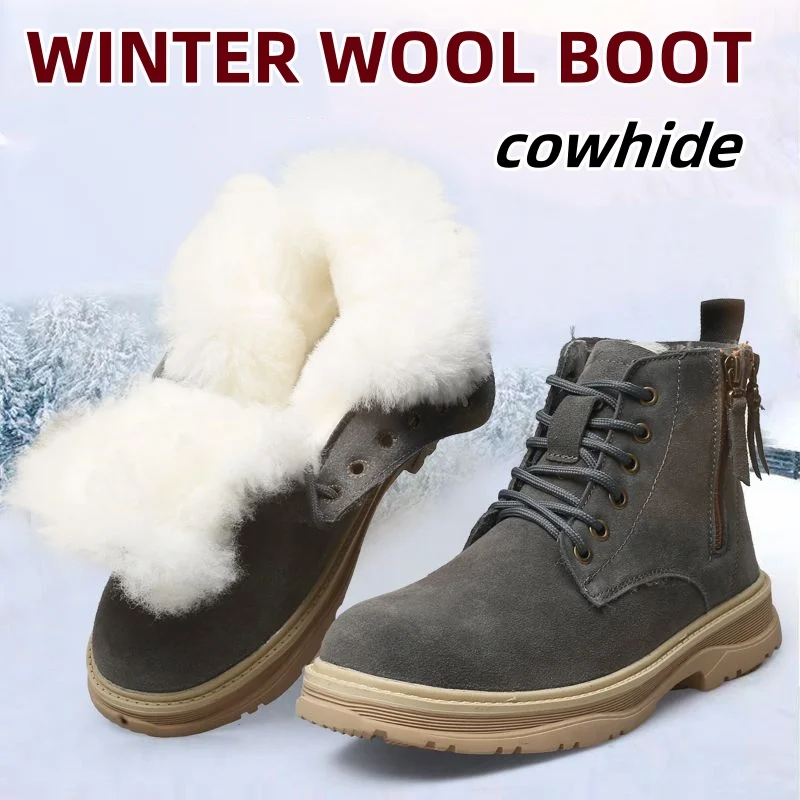 

Sshooer Men's Boots Cowhide Waterproof Outdoor Boot Warm Wool Fur Winter Shoes Outdoor Hiking Snow Walking Non-slip Lace-up Shoe