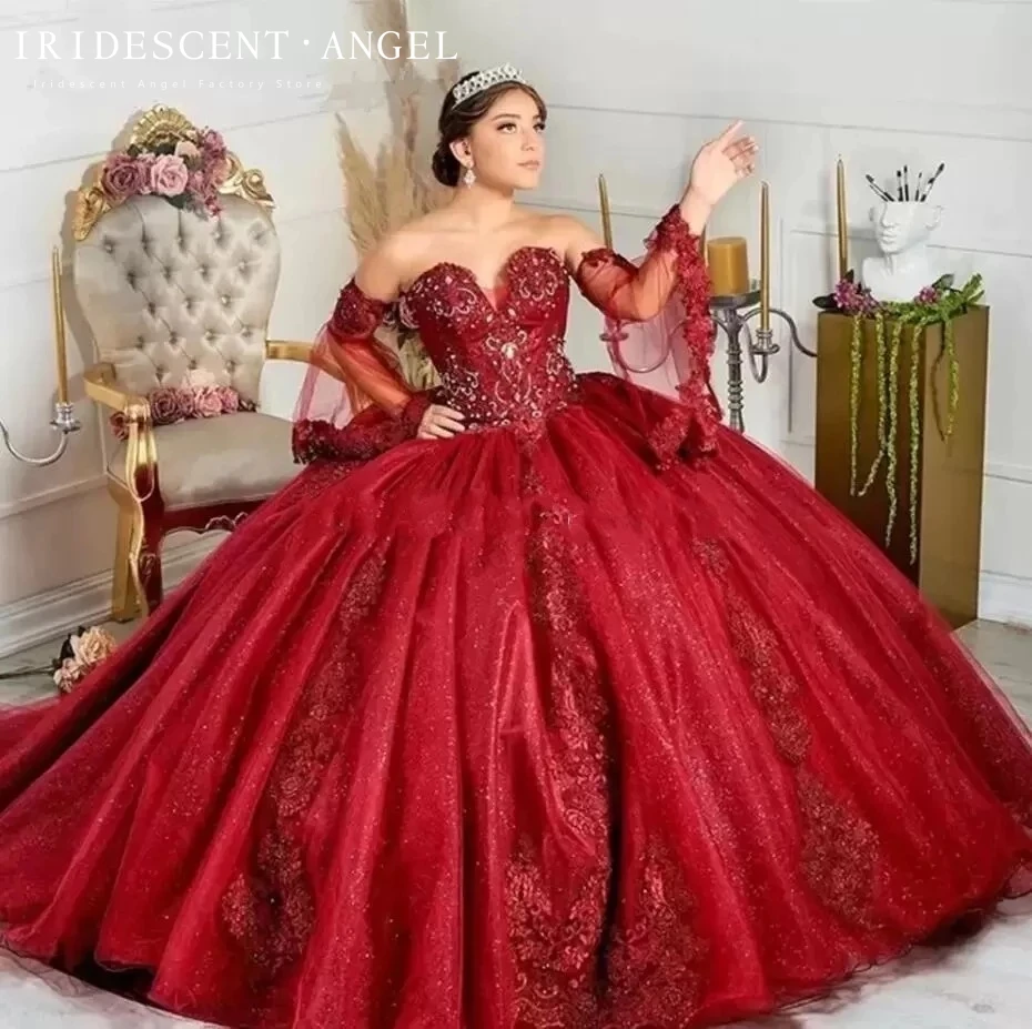 Iridescent Ball Gown Burgundy Sexy Appliques Puffly Sleeves Quinceanera Dresses For 15 Year Old Brithday Party Vestido De Baile