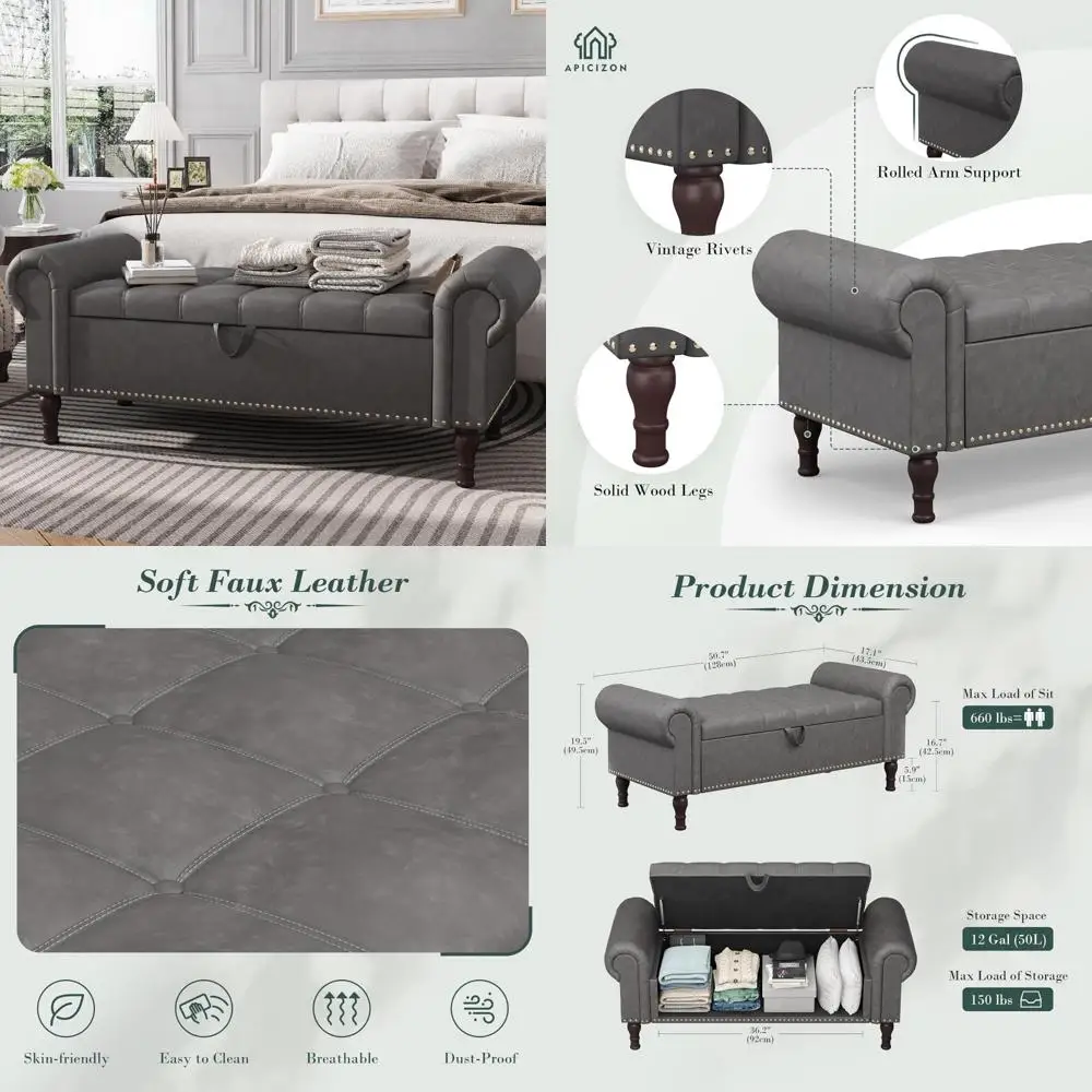 Banco otomano estofado de armazenamento com botões e muito espaço oculto, assento de janela de couro sintético