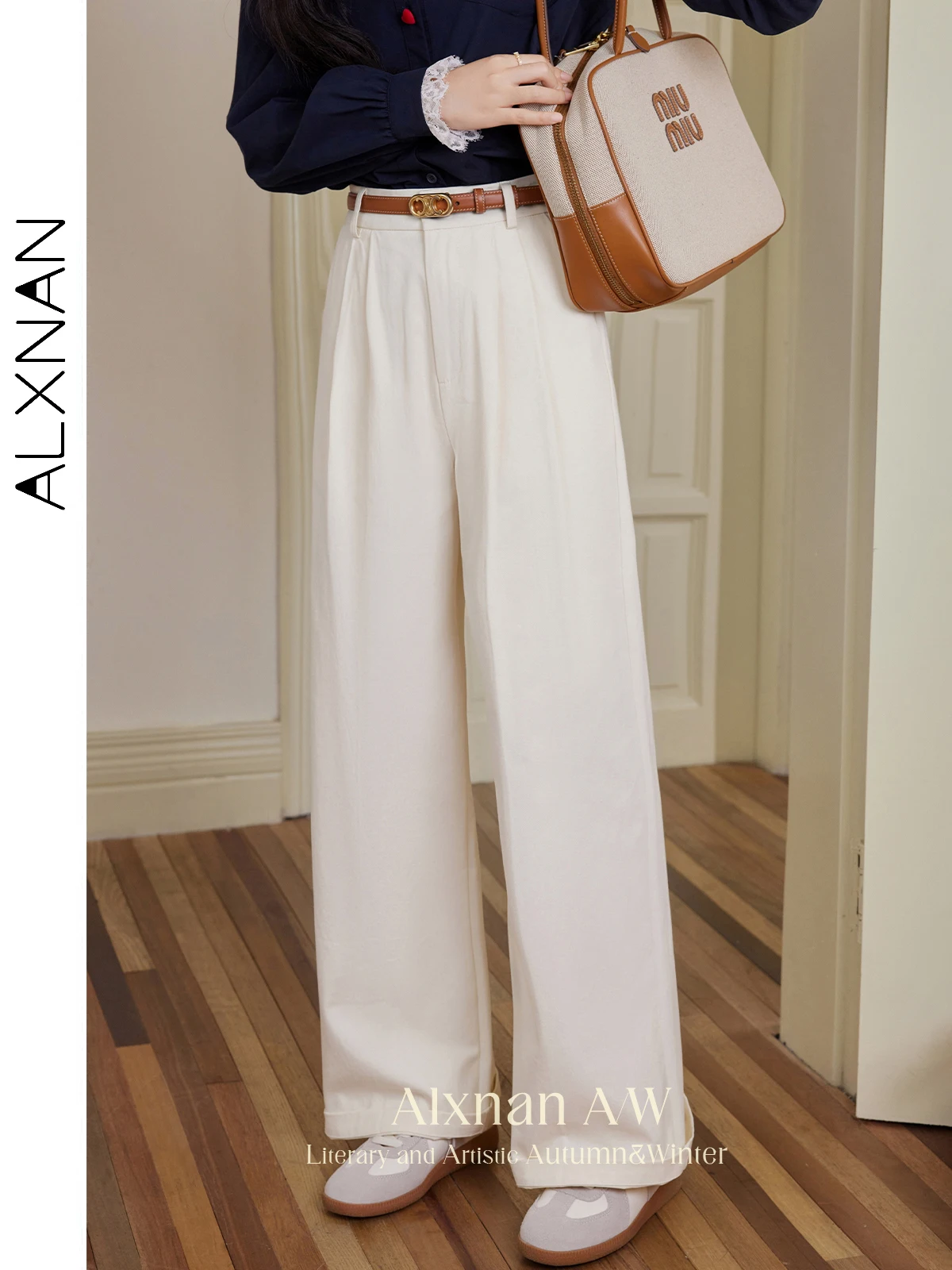 

ALXNAN Women's Casual Wide Leg Pants Trendy Apricot Temperament Long Pant 2024 Fall Winter Lady Classic Commuter Bottoms L50653