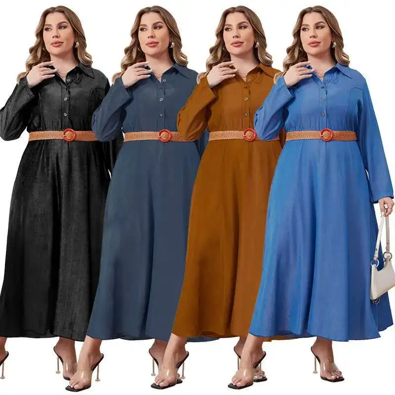 218321 Plus Size Women's Winter New Denim Open Chest Collared Jumpsuit Long Skirt Factory 2025 Party Summer Elegantes Casual Y2k