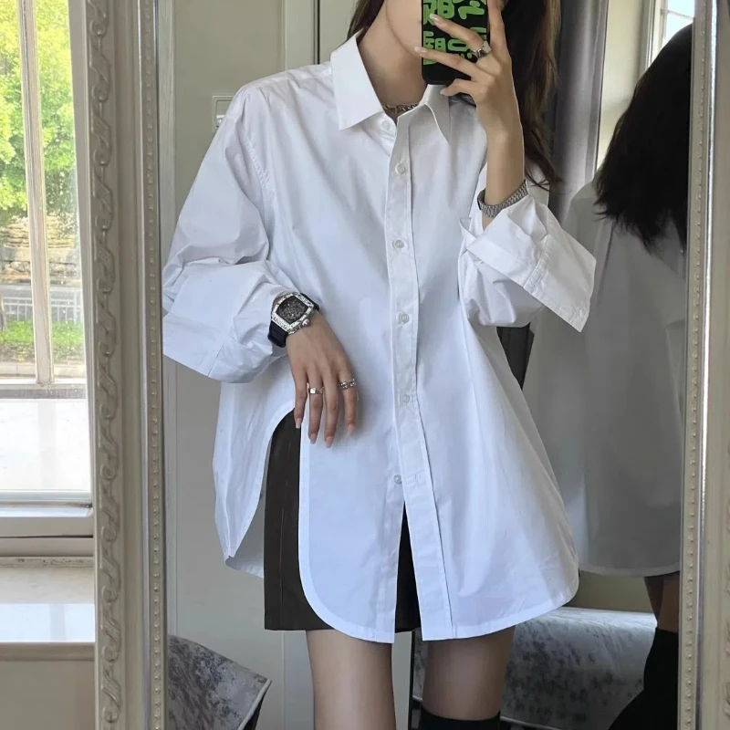 White Split Hem Asymmetrical Loose Blouse Spring New Long Sleeve Polo Neck High Street Shirt Tops Fashion Casual Women Clothing