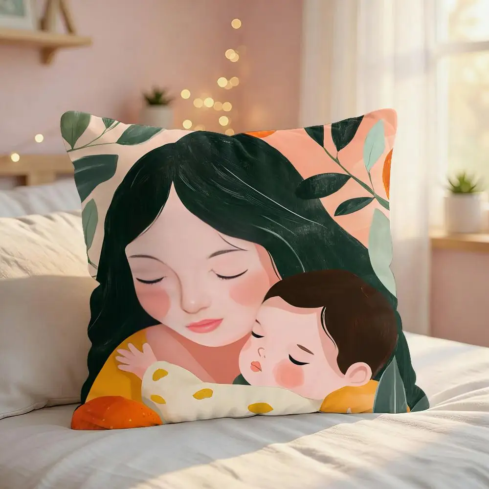 Love Mother Kids Flower Art Cushion Cover Silky Short Plush Invisible Zipper Dustproof Sofa Pillow Case For Home Decor