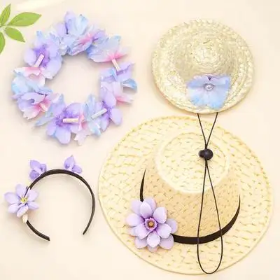 

1Set Pet Dog Cat Hat and Garland Hawaiian Style Summer Wear Adjustable Straps Cool Pretty Beach Vacation Accessory