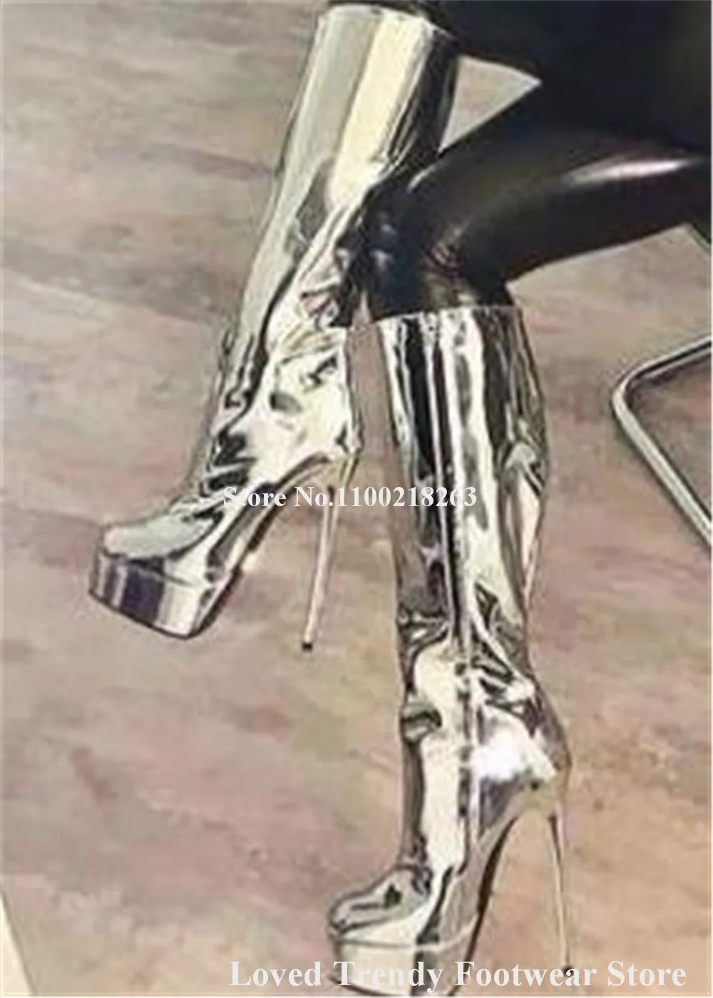 Charming Silver Patent Leather Stiletto Heel Knee High Boots Sexy Round Toe High Platform Thin Heel Long Boots Party Heels