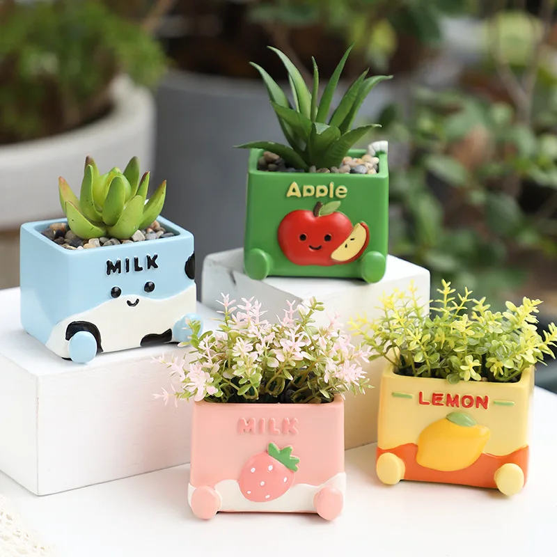 Juice Milk Theme Succulent Planter Creative Mini Resin Flowerpot Desktop Landscape Pot for Small Plants Cute Flowering Container
