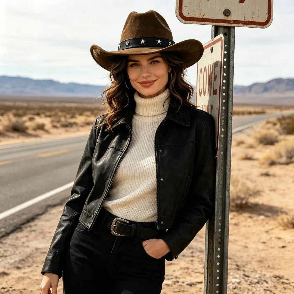 New Big Brim Fedora Hat Curved Brim Five-pointed Star Belt Western Top Hat Vintage Breathable Cowboy Cap Spring Autumn
