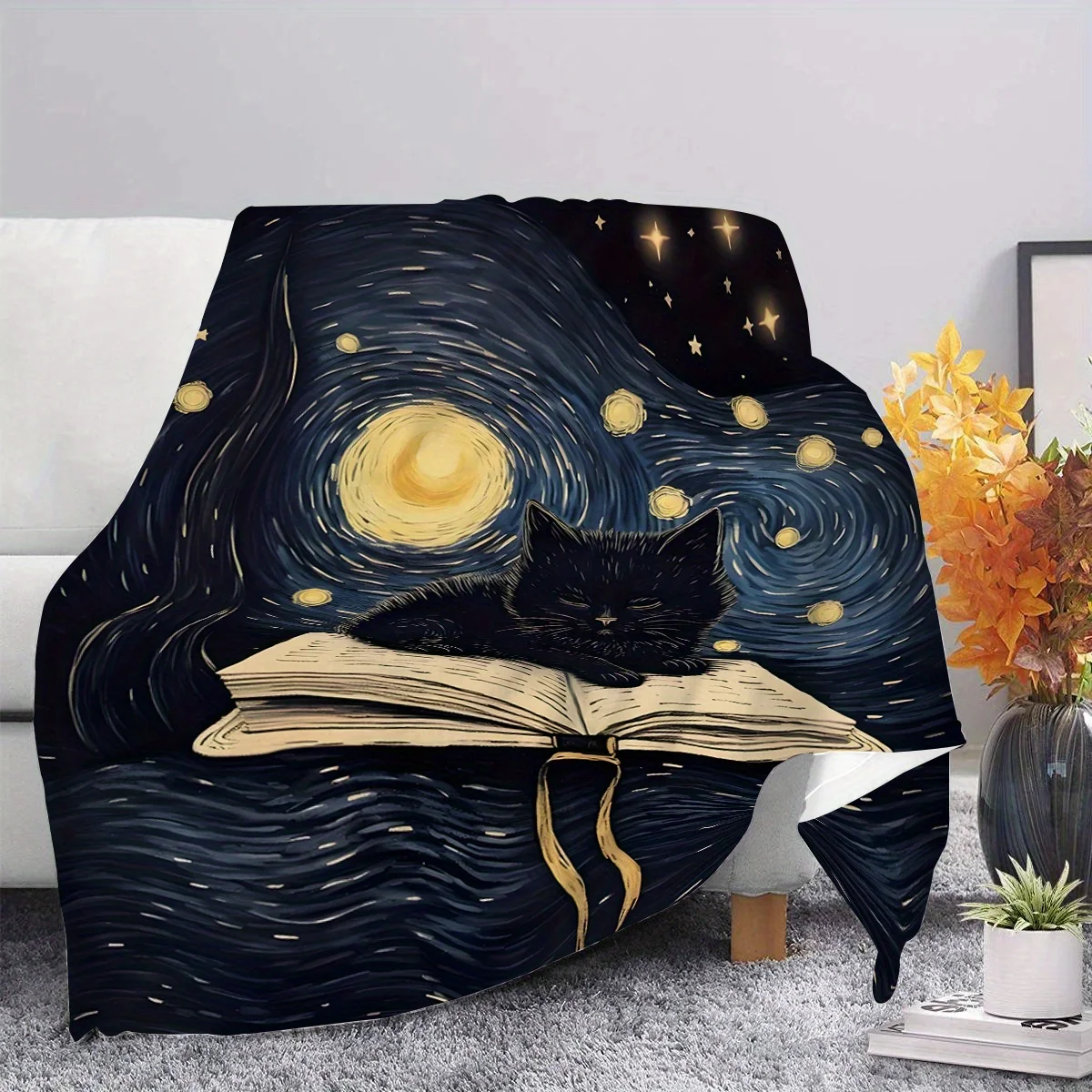 Cat Print Blanket with Drowsy Cat Under the Starry Sky, Creative Decorative Art Blanket, Soft and Warm Shawl Blanket Nap Blanket