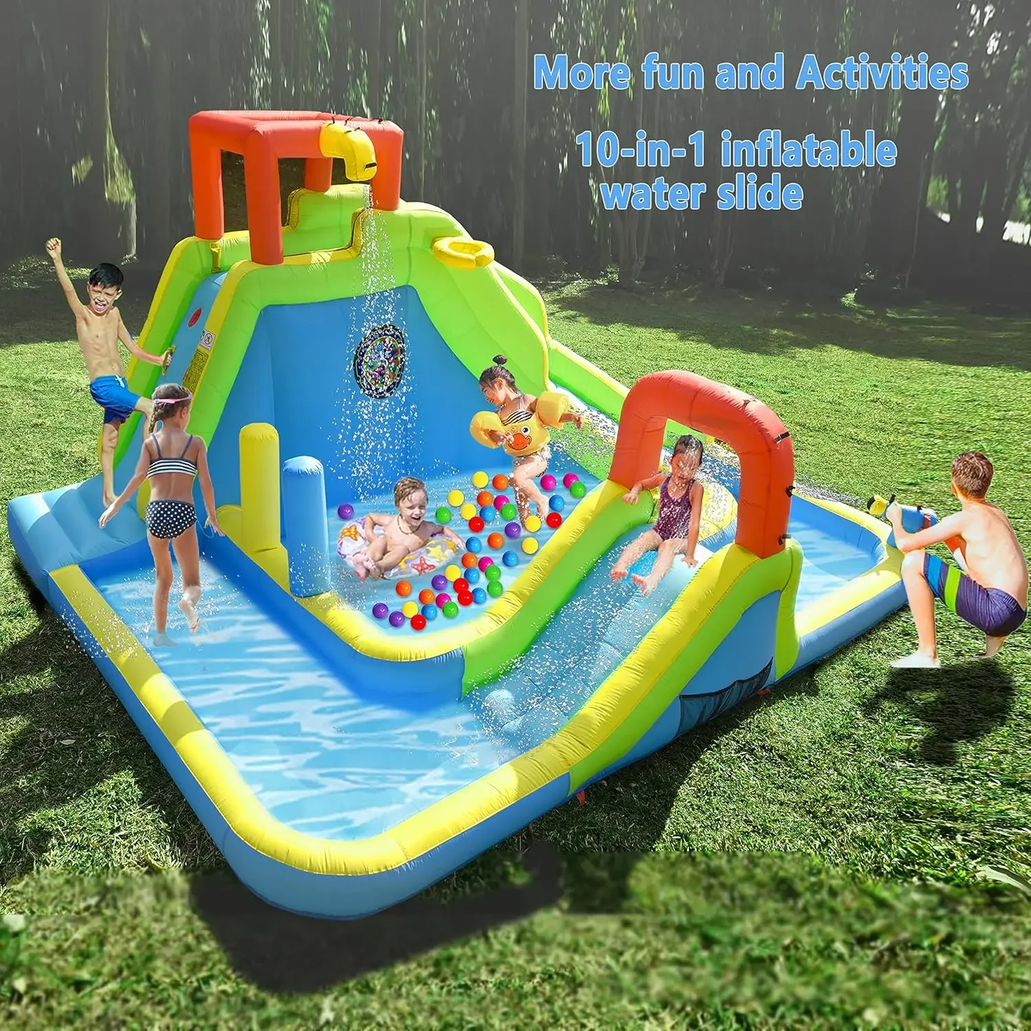 Water Slide Park, Large Kids Water Castle Fun Bouncy House with Dual Pools and Slides, Climbing Wall, Basketball and