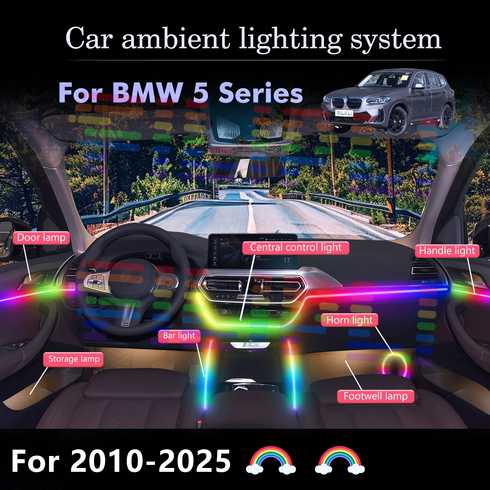 6 In1 For BMW F10 F11 F07 F18 G30 G38 G31 G60 G68 G61 Car Interior Ambient Lamps 64 Colorful Atmosphere Lights Auto LED Neon