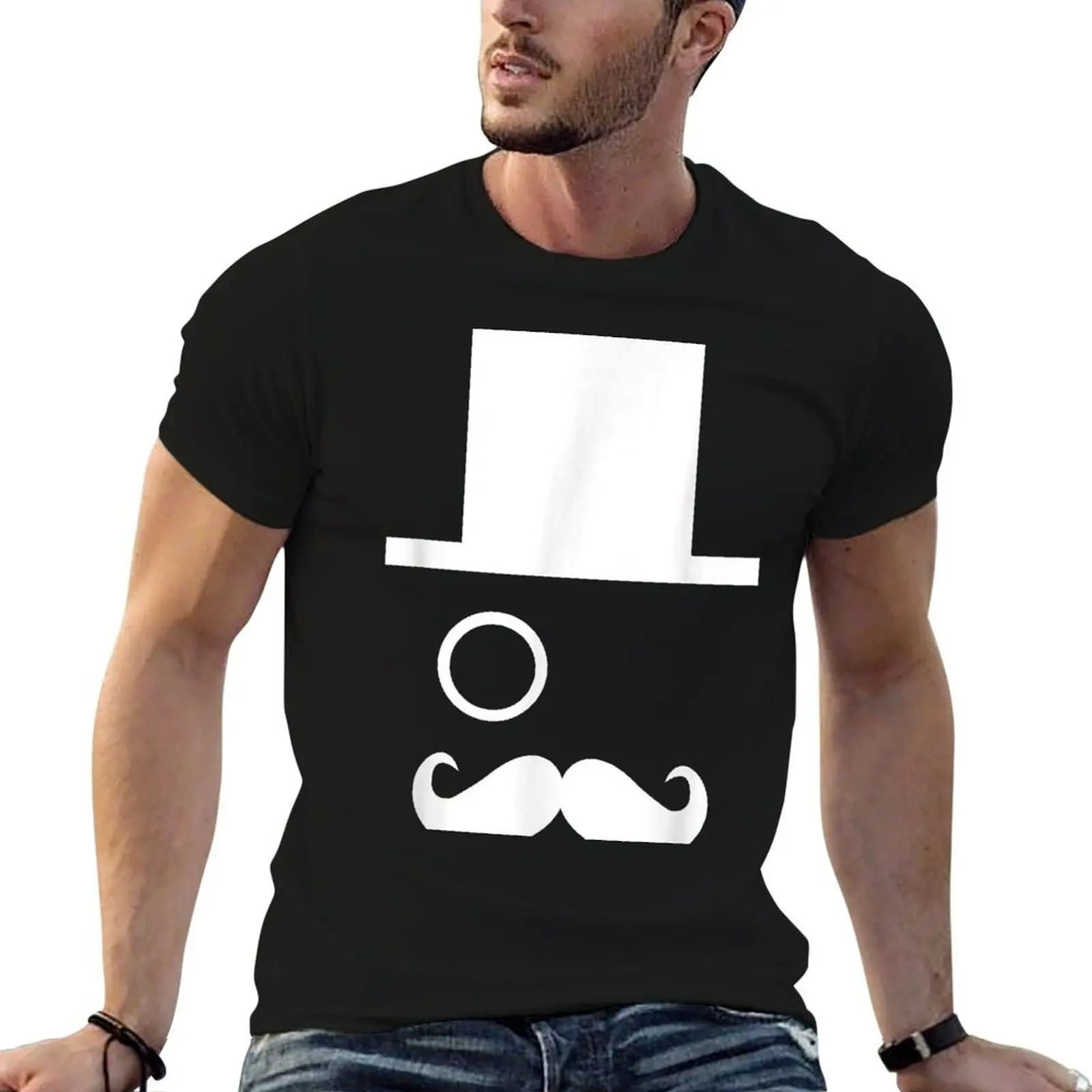 Vintage hoge hoed met monocle ooglens en stuur snor T-shirt t-shirt man katoenen T-shirt