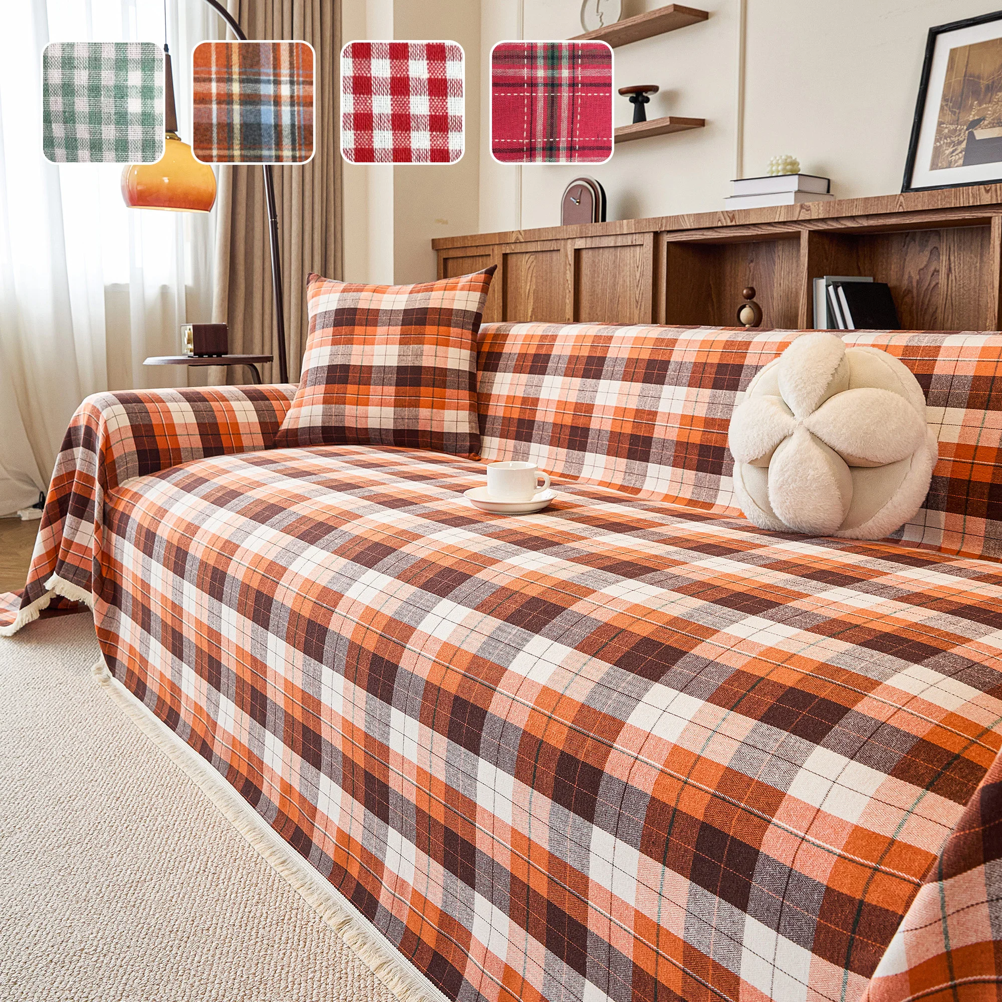 1pc American retro Scottish checkered multi-functional anti-slip full-cover fringed sofa cover with a cloth cover