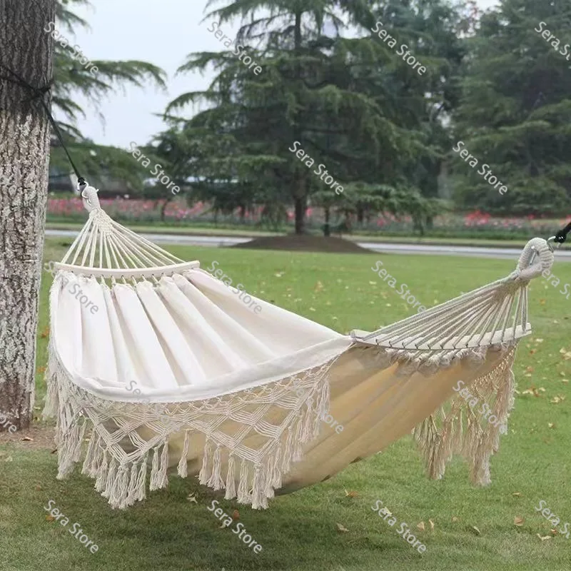 Canvas Double Hammock with Tassel Outdoor Camping Swing Anti Roll Hanging Chair Portable Thick Fabric Hammock for Garden Patio
