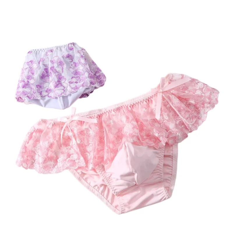 Men's Ruffled Lace Sexy Triangle Pants Sissy U Convex Pouch Bowtie Low Waist Briefs Hemline Underwear Cosplay Seductive Panty﻿