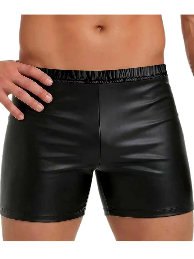 Men Glossy Shiny Faux PU Leather Boxer Briefs Elastic Waist Open Crotch Zipper Shorts Sexy Nightclub Lingerie Underwear Trunks