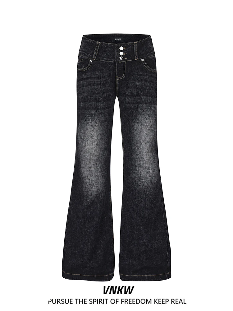 Calça Jeans Micro Flare Preta Lavada de Cintura Alta Estilo Americano, Perna Reta e Larga, para Homens e Mulheres, Nova Coleç...
